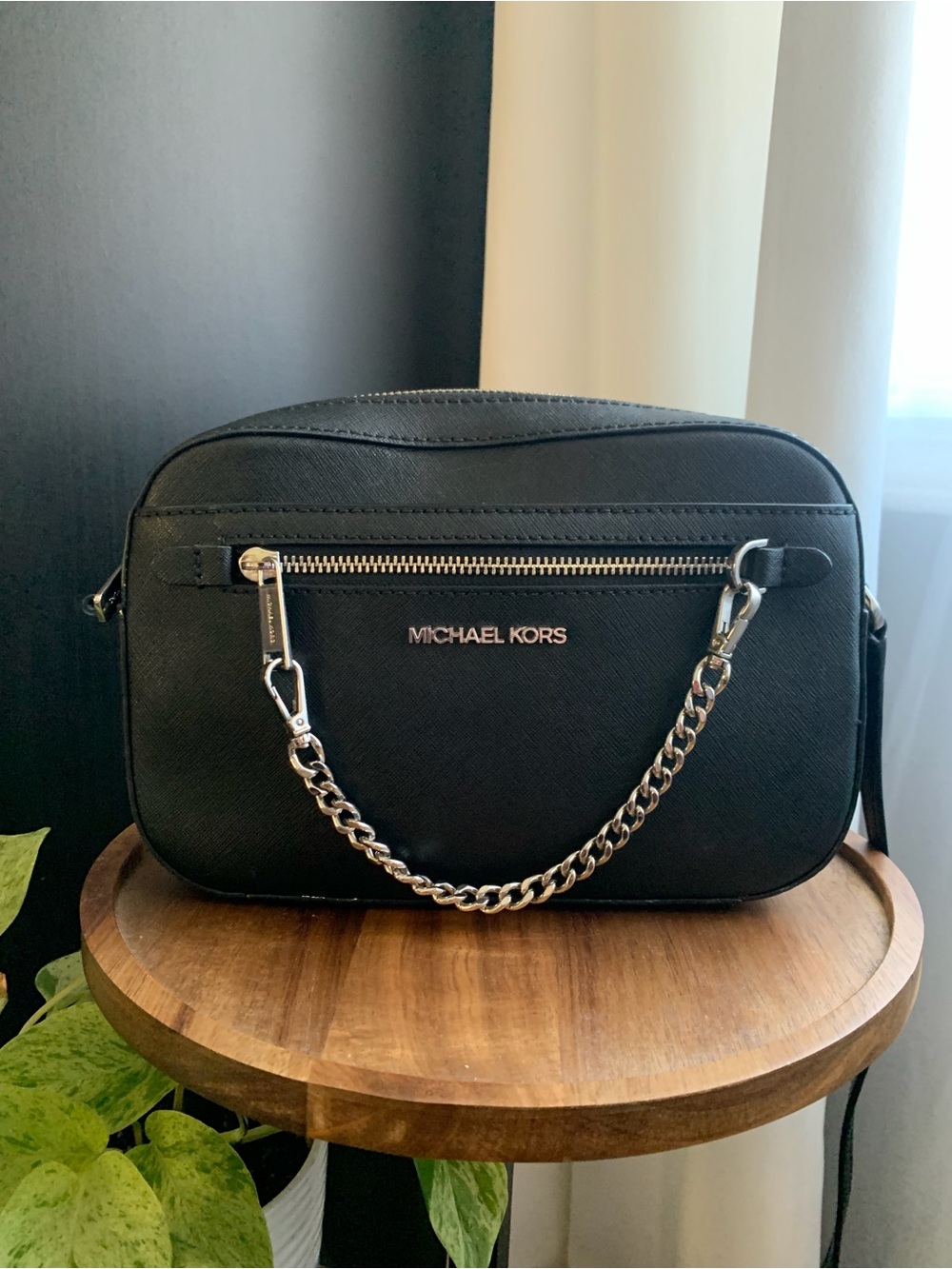 Michael Kors Black Saffiano Crossbody Camera Bag with Chain Detail